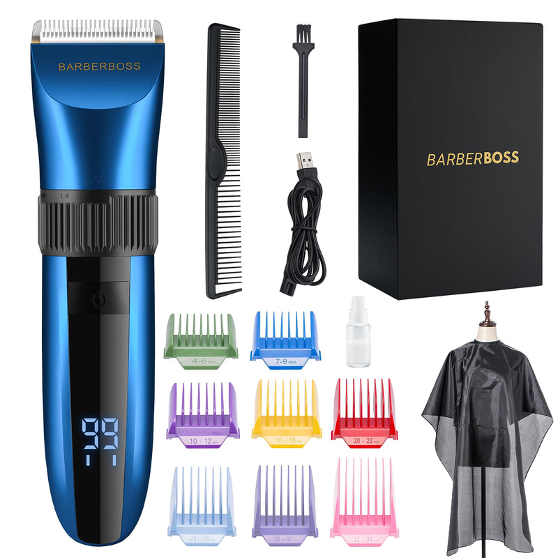 [Australia] - BarberBoss Wireless Self-Sharpening Waterproof Beard and Hair Trimmer with Ceramic Blades, LED Display, Fast Charging and 8 Color Comb Attachments QR-2082 