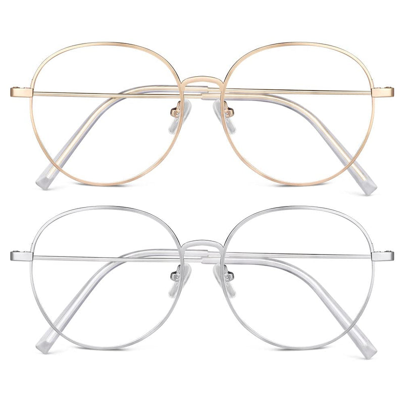 [Australia] - ACWOO Blue Light Filter Glasses, Set of 2 Round Anti Blue Light PC Gaming Glasses Fashion Glasses, Metal Blue Light Blocking Glasses, Retro No Strength Blue Filter Glasses for Women Men (Gold + Silver) Round (Gold + Silver) 