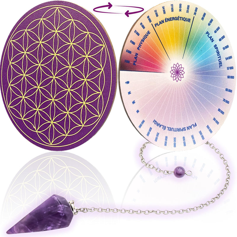 [Australia] - Vibratis fortune telling pendulum made of amethyst + flower of life made of wood for charging stones and pendulums & Bovis scale - 11.5 cm | 100% made in France 