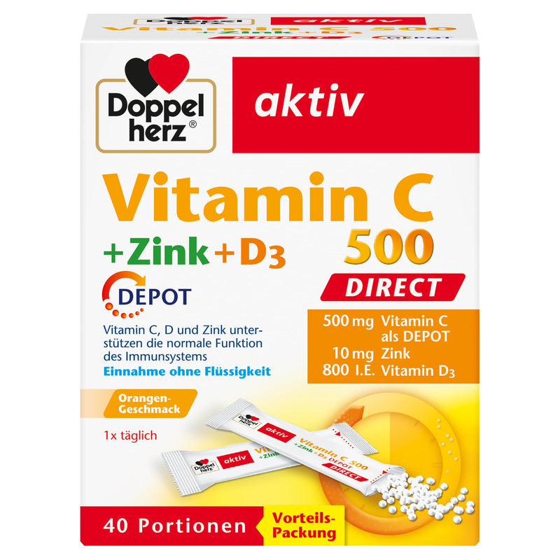 [Australia] - Doppelherz Vitamin C 500 + Zinc + D3 DIRECT Micro-Pellets with DEPOT effect - With vitamin C, zinc and vitamin D as a contribution to the normal function of the immune system - 40 portions 