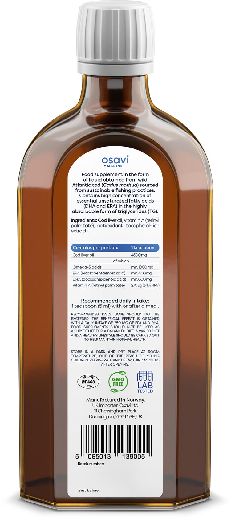 [Australia] - Osavi Norwegian Cod Liver Oil, 1000mg Omega 3 (Unflavoured) - 250 ml. 