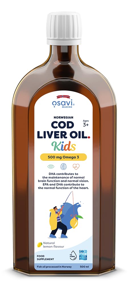 [Australia] - Osavi Norwegian Cod Liver Oil Kids, 500mg Omega 3 (Lemon) - 500 ml | 500 mg Omega-3 per serving with 200 mg EPA & 300 mg DHA | Supports brain function, vision| 