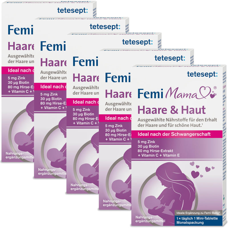 [Australia] - tetesept Femi Mama Hair & Skin - Selected nutrients for maintaining strong hair & beautiful skin - Dietary supplement ideal after pregnancy - 5 x 30 tablets Femi Mama Hair + Skin 
