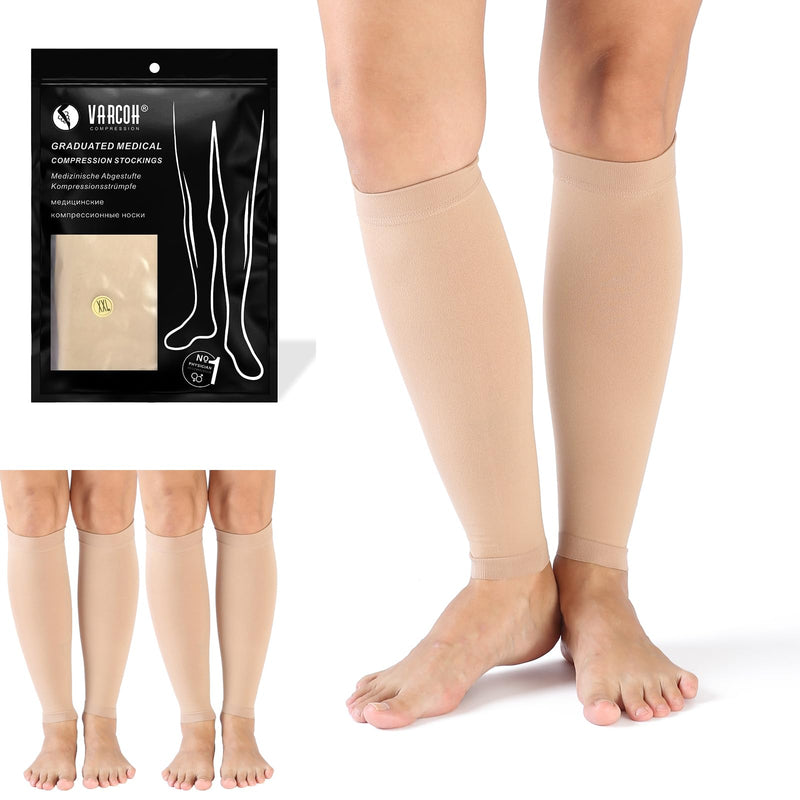 [Australia] - VARCOH compression stockings for men, 2 pairs, calf compression stockings class 2, calf bandage, compression stockings for women, ideal for swelling, varicose veins... Beige XXL 