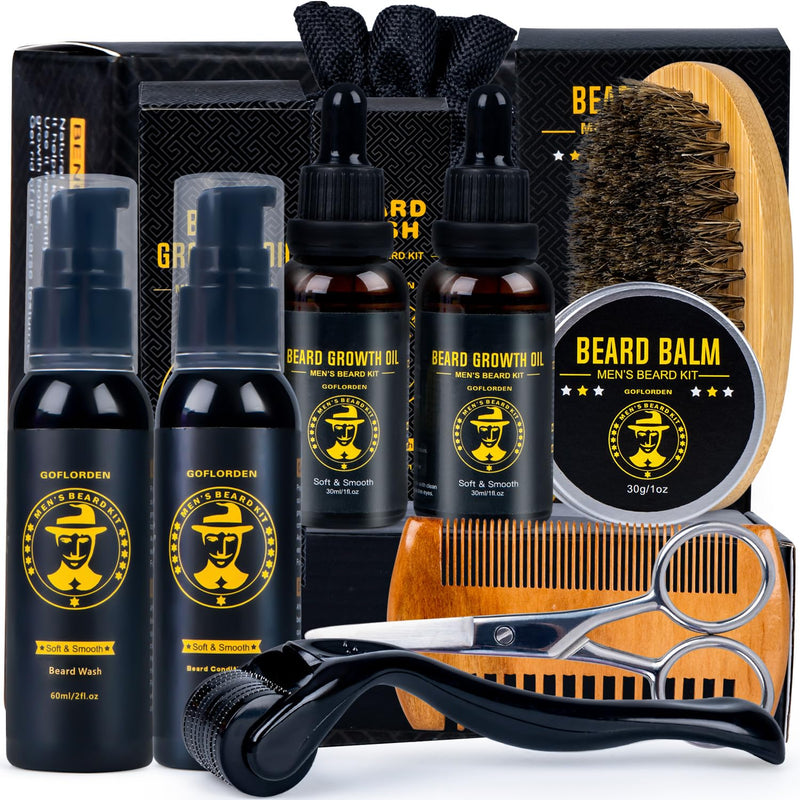[Australia] - Beard set, beard care set for men, beard growth set with beard roller, pack of 2 beard growth oil, beard shampoo, beard conditioner, beard brush, beard balm, beard comb, scissors, gifts for him menthol 