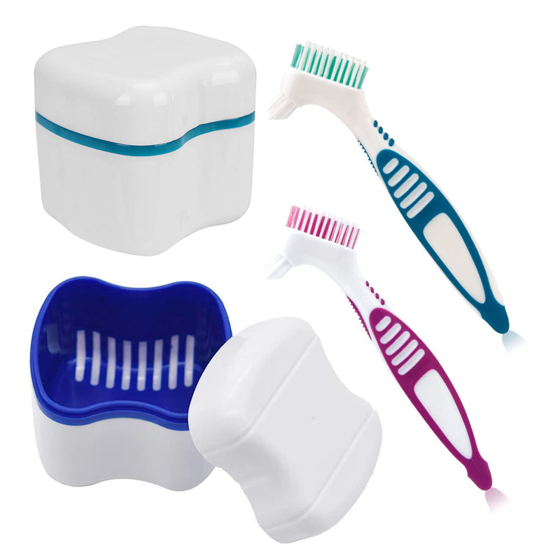 [Australia] - Denture Bath Cup and Brush Set - 2pcs Denture Case with Basket + 2pcs Denture Brush Portable Denture Storage Box Premium Hygiene Brushes for Oral Care 