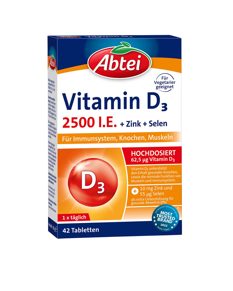 [Australia] - Abtei Vitamin D3 Forte Plus - with zinc and selenium to maintain healthy bones, teeth and support the immune system - 42 tablets 53 g, number of pieces 1 30 g (pack of 1) 