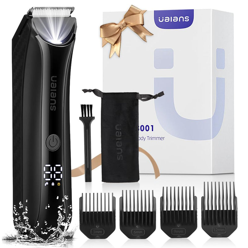 [Australia] - Ualans intimate razor for men, electric body razor for men with LED light and display, IPX7 waterproof body hair trimmer, 100% waterproof including 4 attachment combs, gifts for men 