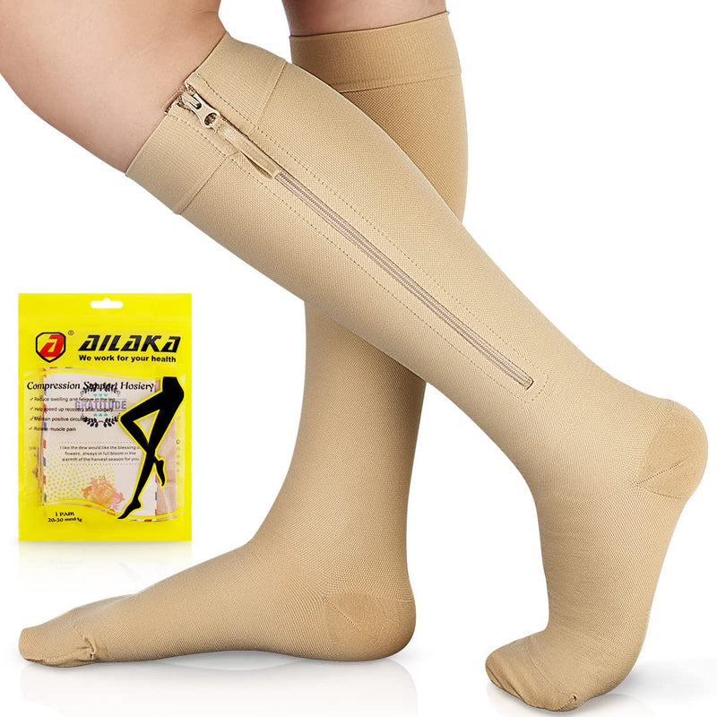 [Australia] - Ailaka Compression Stockings with Zipper for Women Men, 20-30 mmHg Medical Class 2 Compression Socks Support Stockings with Zipper for Varicose Veins, Edema, Recovery, Pregnant Women XX-Large (1 Pair) Bejge 
