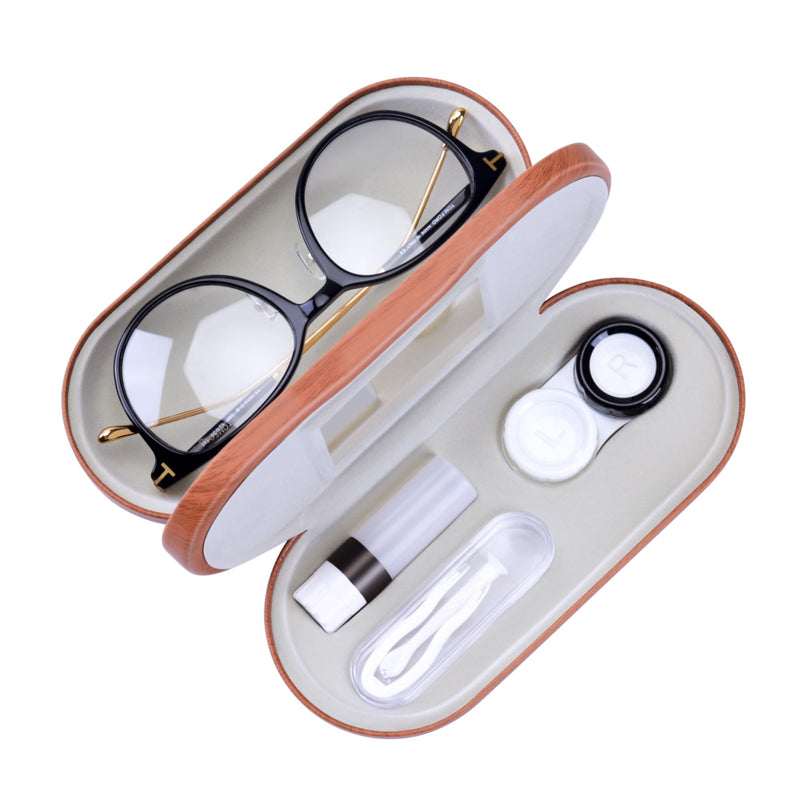 [Australia] - Muf 2-in-1 Double-Sided Portable Contact Lens Case and Glasses Case, Dual-Use Design with Built-in Mirror, Tweezers and Contact Lens Solution, Bottle Included for Travel Set Walnut Wood 