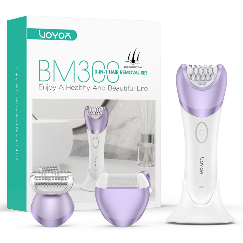 [Australia] - VOYOR Women's Epilator for Hair Removal, Electric Wireless Epilator, 3 Attachments for Shaver and Trimmer, Covered 30 Tweezers, Wet & Dry, with LCD Light BM300 (Purple) 