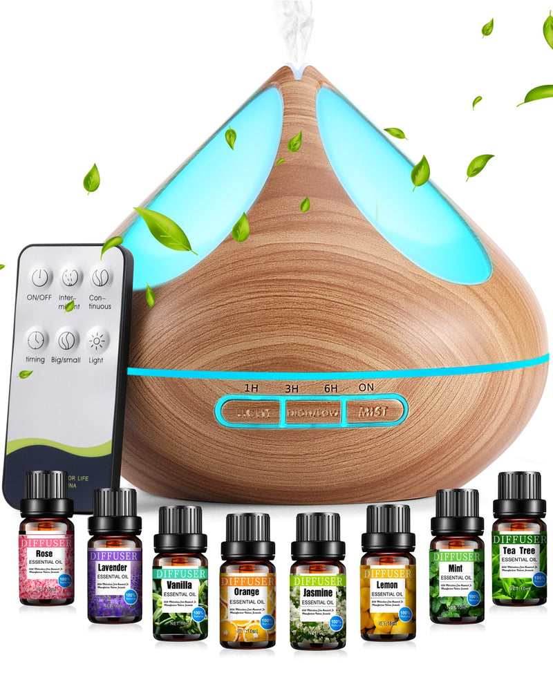 [Australia] - VAAGHANM Aroma Diffuser Diffusers 500ml with 8 Essential Oils Aromatherapy Diffusers Air Freshener Humidifier with Remote Control 4 Timers for Bedroom Brown 
