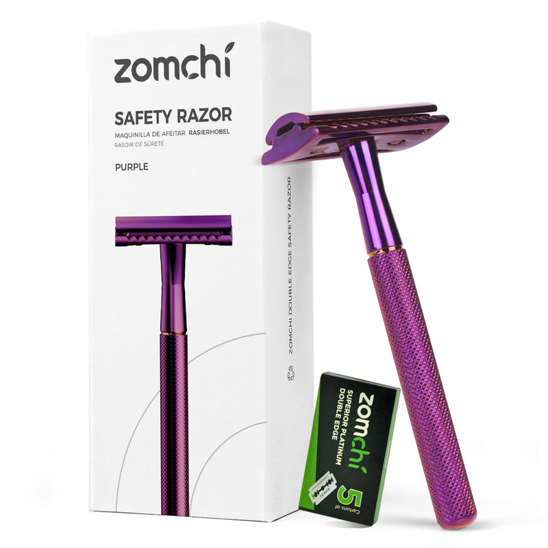 [Australia] - Double Sided Safety Razor for Men and Women with 5 Blades, Eco-Friendly Razor, Metal Razor with Exquisite Handle (Purple) Purple Razor 
