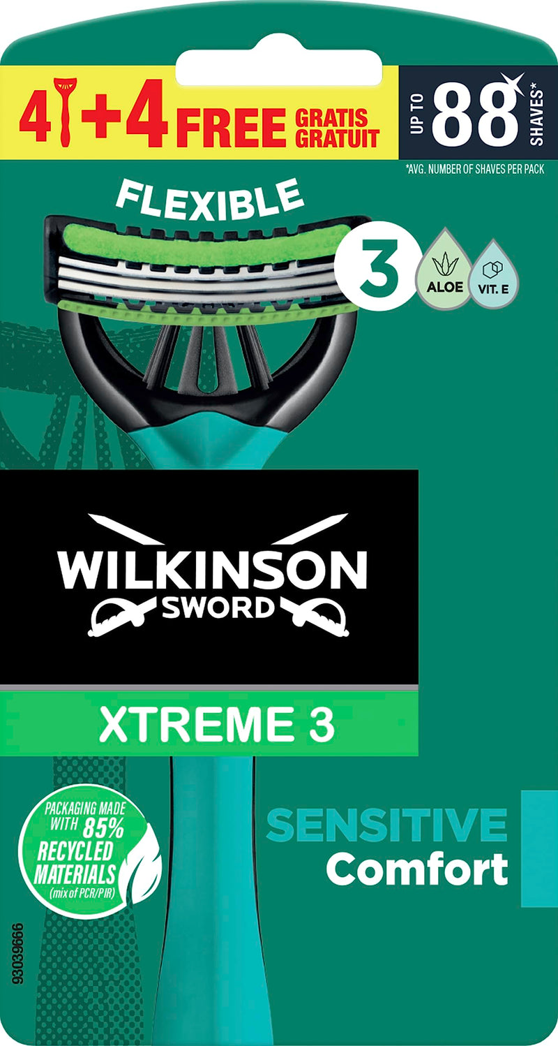 [Australia] - Wilkinson Sword Xtreme 3 Sensitive Disposable Razors with 3 Soft Blades and Aloe Vera & Vitamin E Lubricant Strips 4 Pieces 8 Pieces (Pack of 1) 