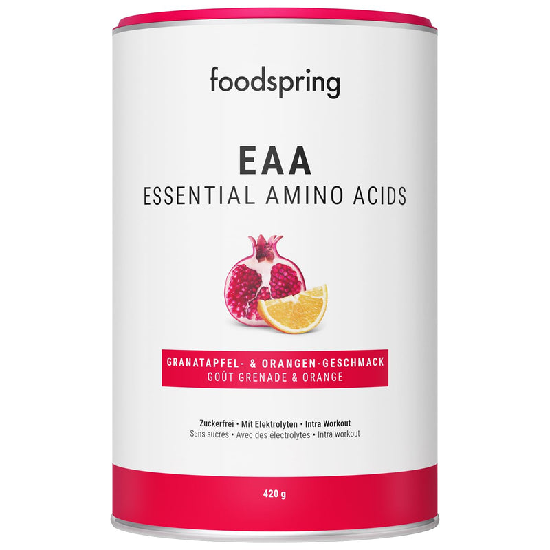[Australia] - foodspring EAA Powder with electrolytes for building and maintaining muscle - EAA powder contains all essential amino acids - sugar-free (420g | 30 servings | 1 measuring spoon = 14g | Pomegranate & Orange) 