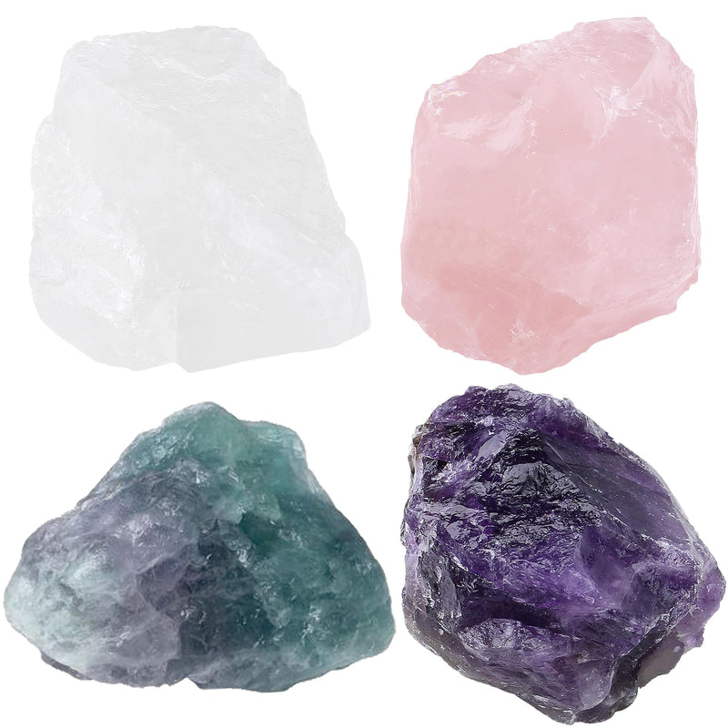 [Australia] - QINJIEJIE 100% Large Amethyst Rose Quartz Premium Water Stones Basic Mix Stones 4 Pieces Natural Stones Healing Stones Set Natural Crystals Raw Stones 4.5-5 cm A-rose quartz, amethyst, clear quartz and fluorite 