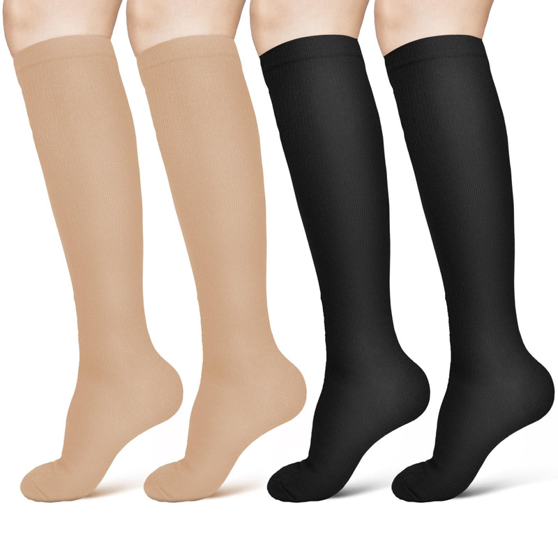 [Australia] - ACWOO compression stockings for women and men, 2 pairs of compression socks, medical compression stockings, knee socks for women, thrombosis stockings compression socks (L/XL, black + beige) L-XL black + beige - 2 pairs 