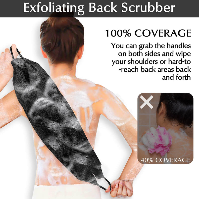 [Australia] - Anezus Exfoliating Back Scrubber Bath Gloves Set, Exfoliating Shower Towel with Shower Gloves for Body Scrub, Back Cleaner, Washing Gloves for Removing Dead Skin (Black) Black 