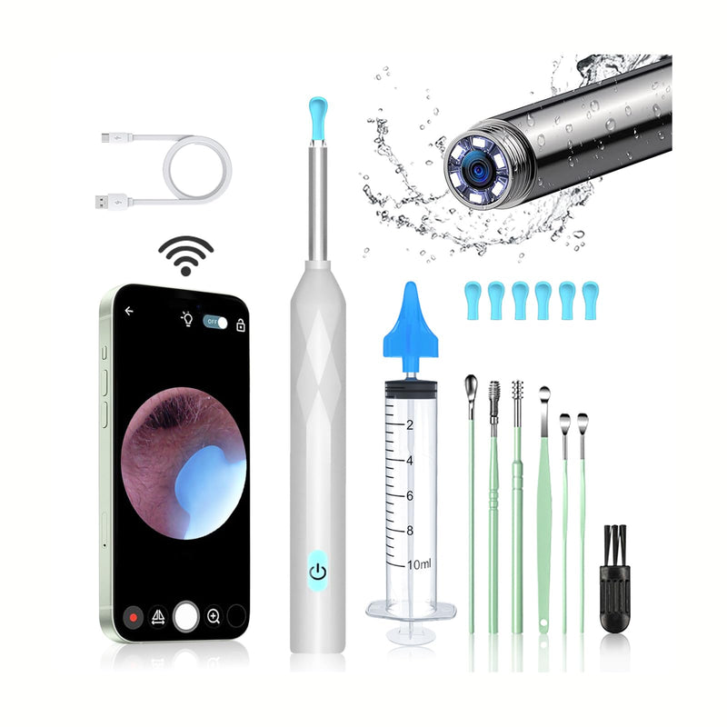 [Australia] - Earwax Remover Ear Cleaner, AMDXD 1440P Wifi Otoscope Camera 8MP HD Ear Camera IP4 Waterproof Ear Mirror 3.5mm Lens Ear Endoscope with 6 LEDs for Adults, Children and Pets, White 