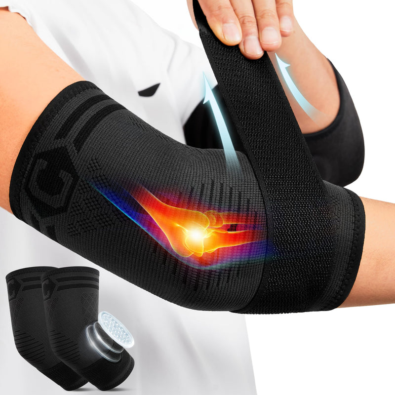 [Australia] - CAMBIVO 2 pack elbow bandage with straps & gel padding, tennis elbow bandage for men and women for tendinitis, arthritis, elbow bandage for weight lifting, golf, tennis, garden M black 