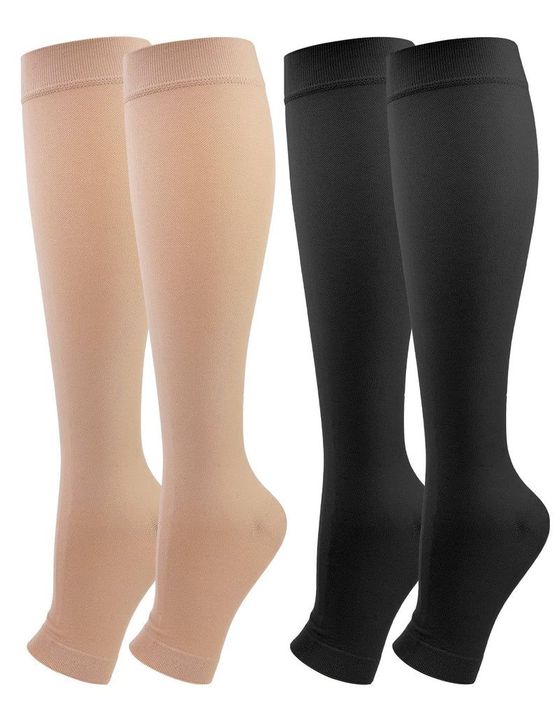 [Australia] - 2 pairs of medical compression stockings for women and men, 20-30 mmHg, class 2, open toe, graduated support, support stockings for varicose veins, edema, flight XXL, black and beige 