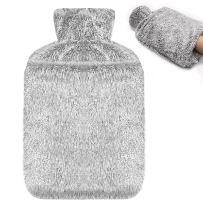 [Australia] - Jsdoin Hot Water Bottle with Cover - 2.0L Hot Water Bottles Leak-Proof, Natural Rubber + Bed Bottle Fluffy, Hot Water Bottle for Neck and Shoulder, Back, Legs, Waist Warming (Grey) Grey 