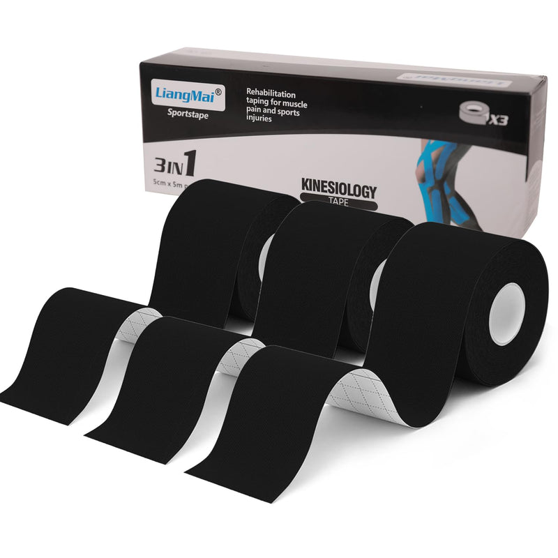 [Australia] - LiangMai Kinesio Tapes - 3 Rolls 5 cm x 5 m Kinesiology Tape Kinesio Tape Black, Waterproof & Elastic Physio Tape & Sports Tape - Skin-Friendly Tapes for Sports Knee Shoulder Elbow 500 x 5 cm (3 Pieces) Three Rolls Black 