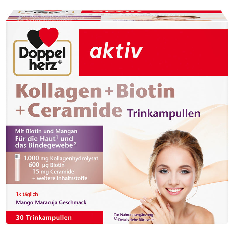 [Australia] - Doppelherz Collagen + Biotin + Ceramides - Biotin, vitamin B2, niacin and zinc support the maintenance of normal skin - 30 drinking ampoules with mango-passion fruit flavor 