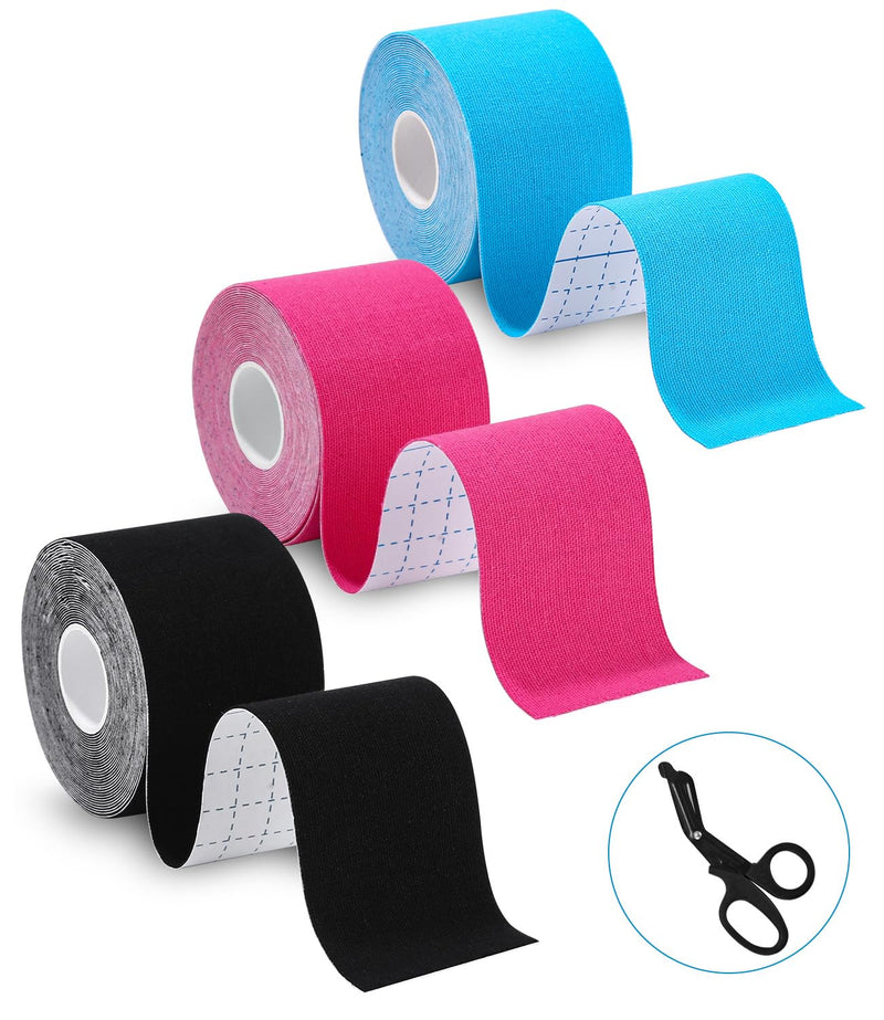 [Australia] - TIDEVAN 3 rolls of sports tape (5m x 5cm) kinesiology tape, physio tape, sports tape set, waterproof and skin-friendly kinesiology tape with special scissors, for knee pain, elbows and shoulders, black + pink + blue 