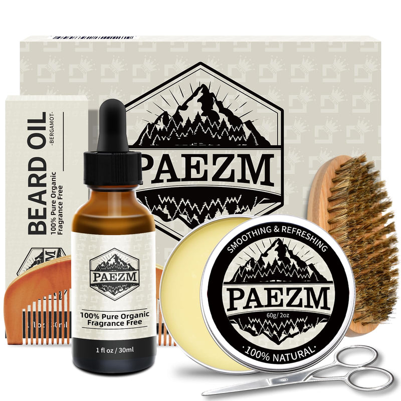 [Australia] - 5 piece beard care set for men, including natural beard oil, sandalwood scented beard balm, brush, comb, scissors, storage bag, beard care set as Christmas, birthday for him 