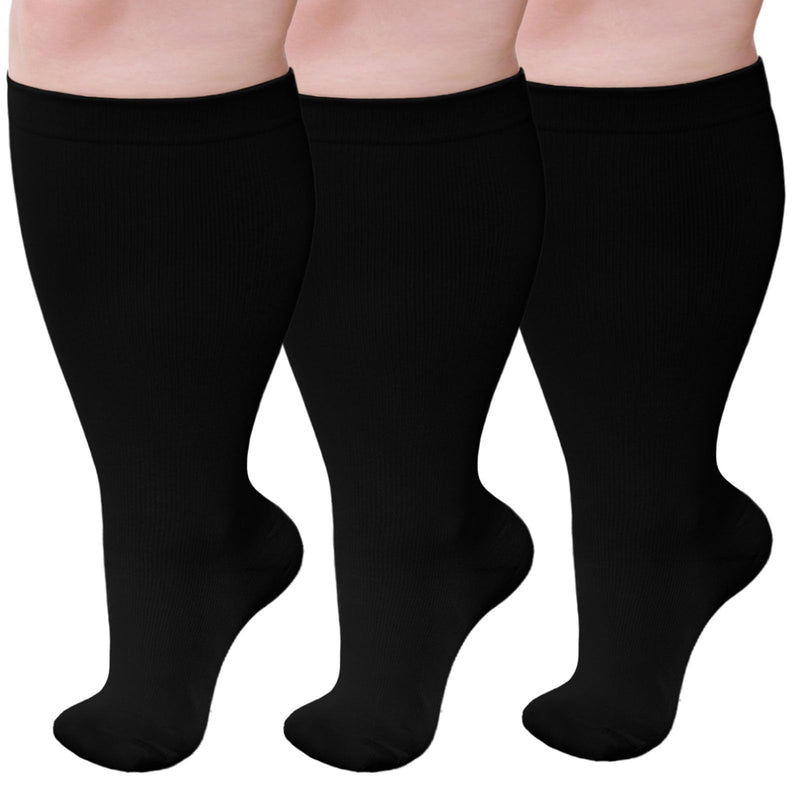 [Australia] - PUTUO Compression Stockings Thick Calves for Men: Thrombosis Stockings Women's Plus Size Support Stockings Compression Socks for Flight Medical Running Travel 3 Pairs Black XXL 