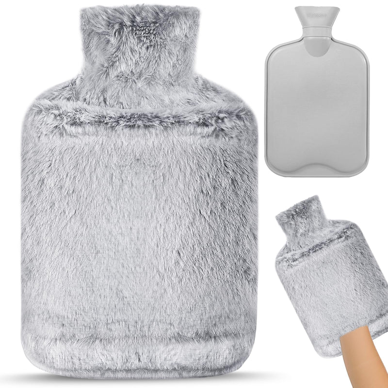 [Australia] - NOVATREK Hot Water Bottle with Cover, 2L Hot Water Bottles Large, Leak-Proof Fluffy Hot Water Bottle with Kangaroo Cuddly Soft Fur Cover for Adults & Children, Gifts for Women, Bed Bottle (Grey) Grey 