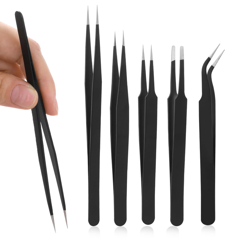 [Australia] - Tweezers Set, 5 Pieces Bead Tweezers 5 Models Stainless Steel Tweezers Anti-Static Precision Tweezers Set for Jewelry Making, DIY Crafts, Electronic Repairs, Manicure Tools (Black) 