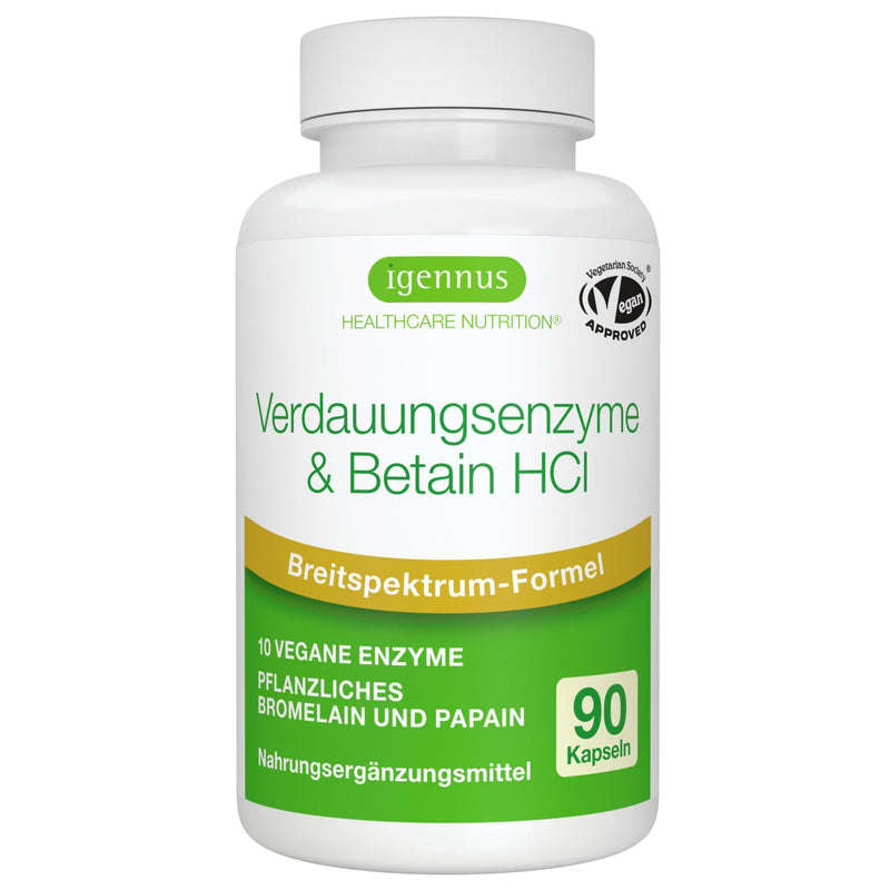 [Australia] - Digestive enzyme complex with betaine HCl & bromelain, 10 vegan enzymes with papain & lipase, comprehensive digestive aid, hypoallergenic, 90 capsules, from Igennus 