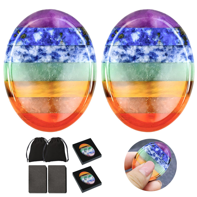 [Australia] - Pack of 2 Chakra Crystals Thumb Stones, Crystal Worry Stone Healing Stones Gemstones Lucky Charm Oval Palm, 7 Chakra Worry Stone, Palm Stone for Meditation Reiki Balancing with Box, Card 