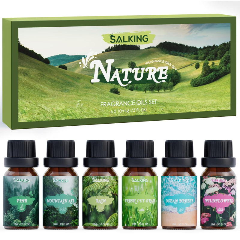 [Australia] - SALKING Natural Essential Oils Set, Aromatherapy Fragrance Oil Gift Set, Pure Fragrance Oils for Diffuser Humidifiers, 6 x 10 ml (Pine, Sea Breeze, Rain, Freshly Cut Grass, Wild Flowers, Mountain Air) 