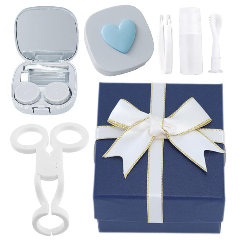 [Australia] - Yuqilin Contact Lens Case Kit 3-Piece Set, Blue Travel Set, Silica Gel Contact Lens Insertion Aid, Gift Box with Bow, for Travel, Work, Dating, Outdoor Activities 