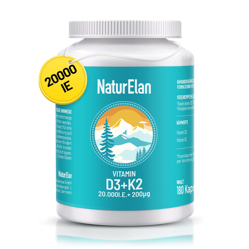 [Australia] - Vitamin d3 k2 capsules high dosage - 20000I.U. + Vitamin K2 MK7 200 mcg per dose, 180 vegetarian capsules, without additives, produced in Germany 20000IE 