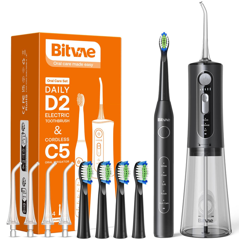 [Australia] - Bitvae Oral Irrigator and Electric Toothbrush Combination, 3 Modes & 5 Pressure Levels Wireless Oral Irrigator with 5 Modes Sonic Toothbrush, Includes 4 Toothbrush Heads and 4 Jet Tips, ElegantBlack Oral Irrigator + Electric Toothbrush Dark Black 