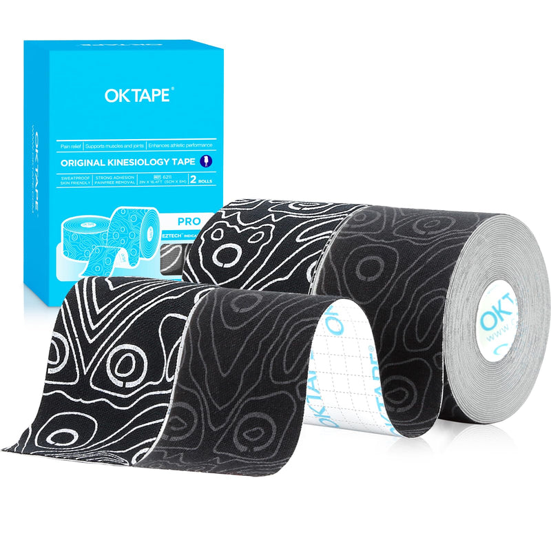 [Australia] - OK TAPE Pro Kinesiology Tape (5cm x 5m) Waterproof Skin-Friendly Elastic Kinesiotape for Knee Pain, Elbow and Shoulder (2 Rolls, Black + Black White) 2 Rolls Black + Black White 