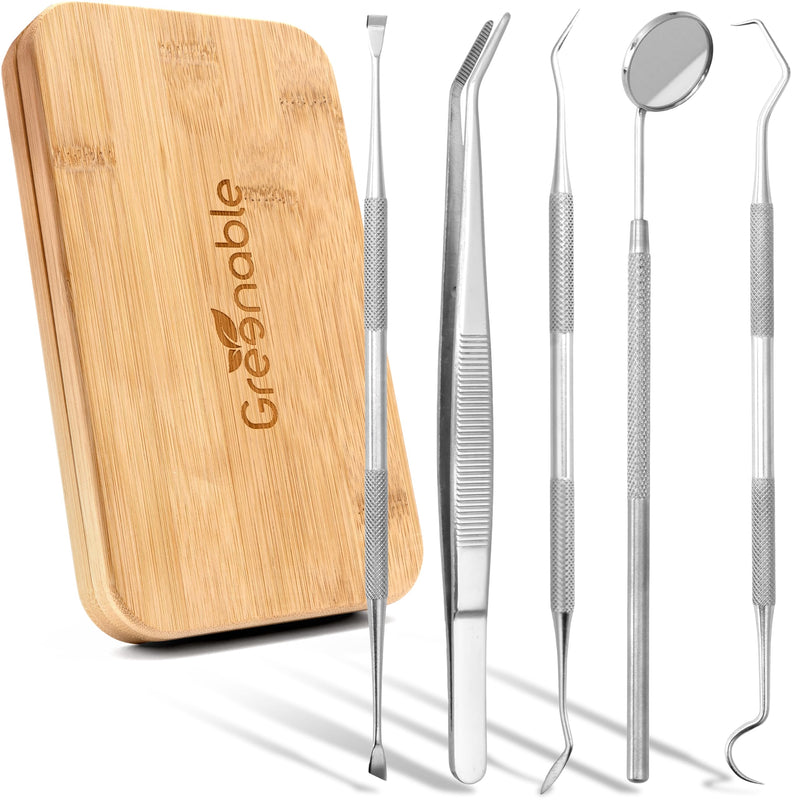 [Australia] - NEW: Greenable ® dental care set [set of 5] made of stainless steel - premium dental care - tartar remover, dental probe, tongue scraper, mouth mirror - interdental teeth cleaning tartar 