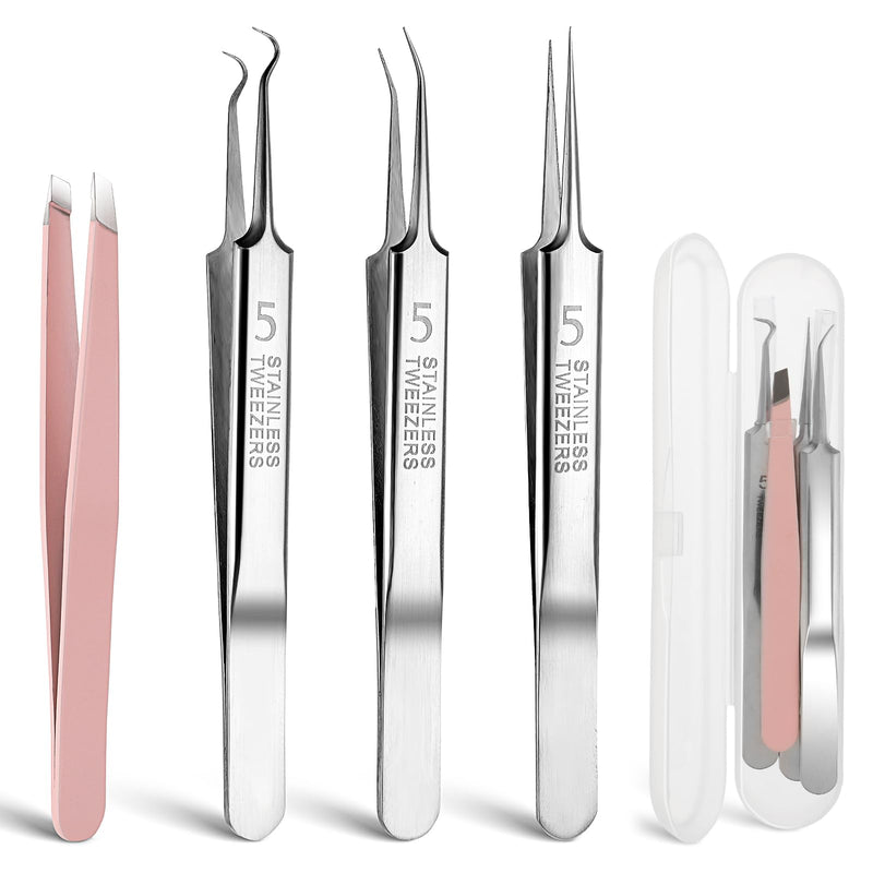 [Australia] - 3 pieces of tweezers for removing blackheads and 1 piece of tweezers for ingrown hairs, precision blackhead pimple extractor for pimples, whitehead tweezers, eyelash tweezers with curved tip 