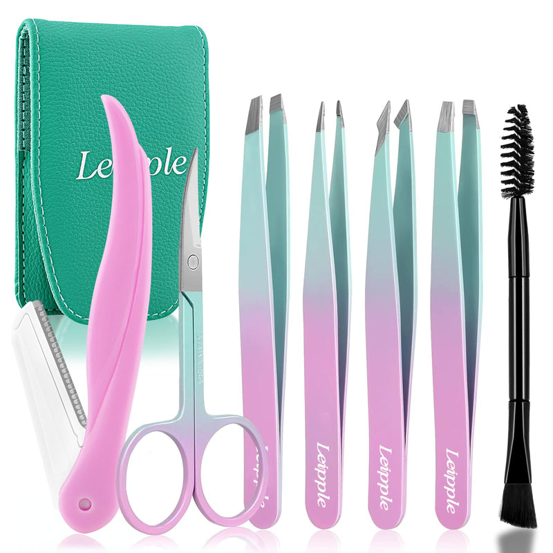[Australia] - Tweezers Set 7 Pieces for Women - Precision Tweezers with Travel Case - Stainless Steel Tweezers for Eyebrows with Scissors, Razor, Mirror for Ingrown Hairs (Pink/Blue) Pink/Blue 