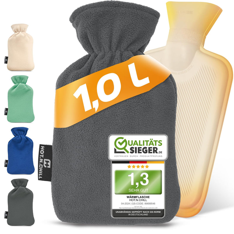 [Australia] - HOT.N.CHILL® Premium hot water bottle with cover I 1.0L I Extra soft & cuddly I Small hot water bottle made of natural rubber leak-proof & tested I Hot Water Bottle I Bed bottle for adults & children Gray (1.0l) 