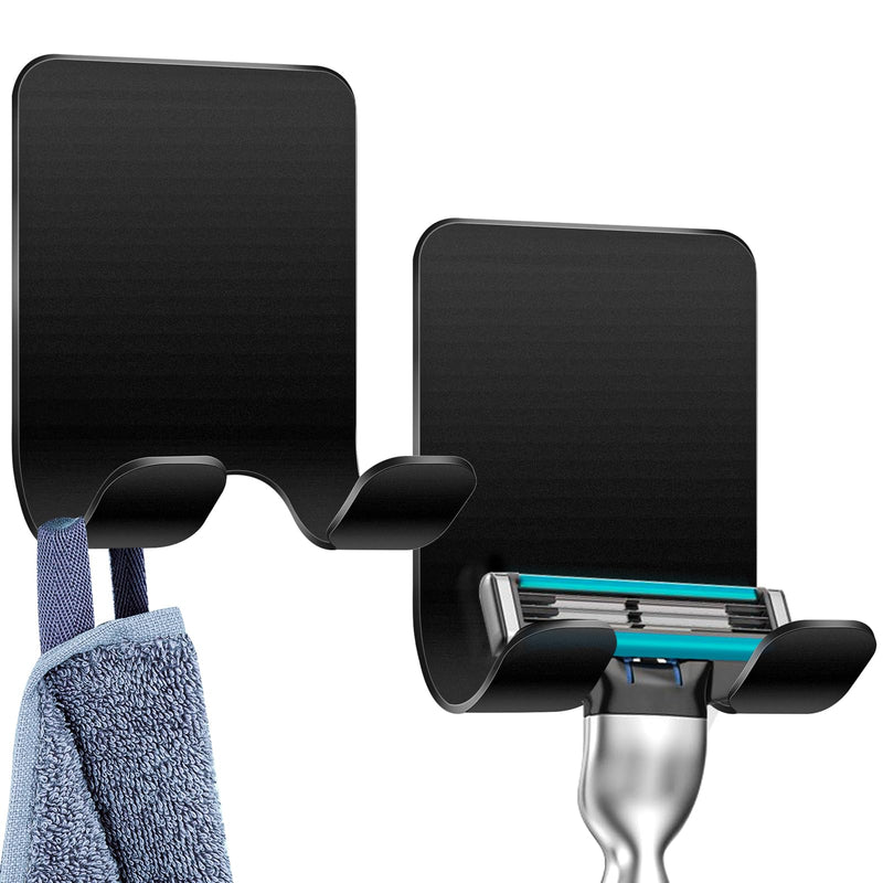 [Australia] - Caianwin Pack of 2 Razor Holder Shower Self-Adhesive Hooks Black Razor Holder Shower Stainless Steel Adhesive Hooks, Bathroom and Kitchen Towel Holder without Drilling 2 Pieces Black 
