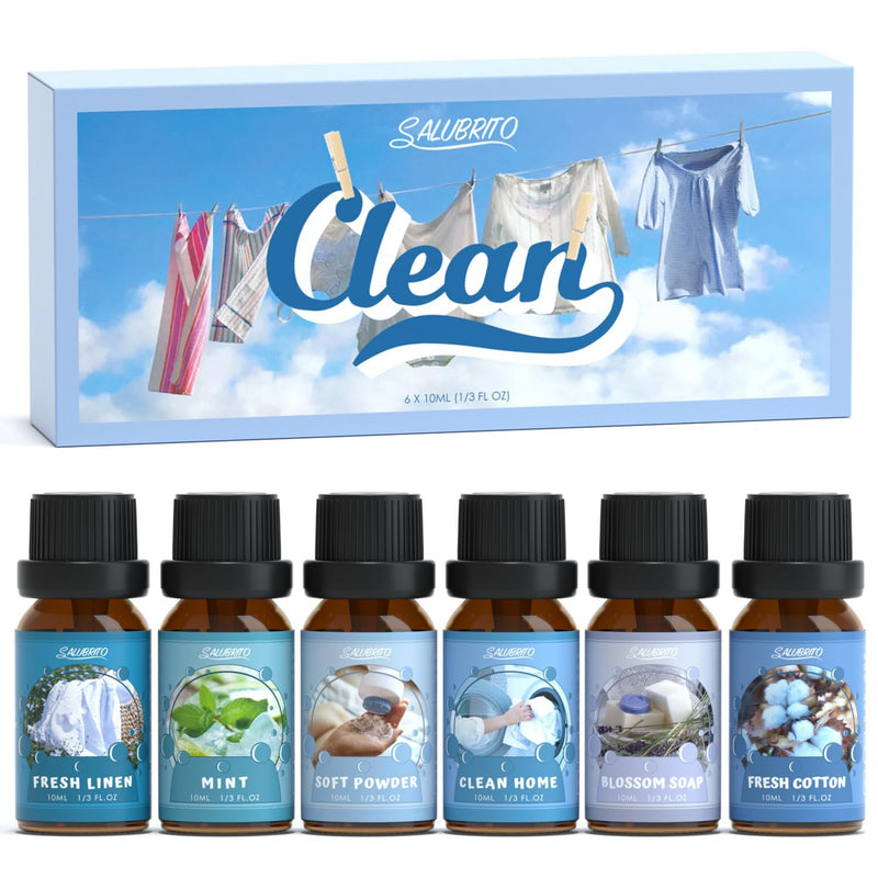 [Australia] - SALUBRITO Clean Essential Oils Set, Natural Aromatherapy Fragrance Oil for Diffusers, Candle Making, Clean Cotton, Fresh Linen, Clean Home, Powder, Flower Soap, Mint 