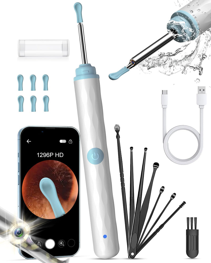 [Australia] - Kekoy Earwax Remover Otoscope with Light, 1296P Ear Cleaner with Camera, WiFi Ear Cleaner with Camera, Rechargeable Ear Cleaner, Ear Cleaner for Adults and Children (White Blue) White Blue 