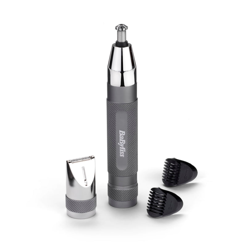 [Australia] - BaByliss Super-X Metal Nose, Ear & Eyebrow Trimmer, 3-in-1 Detail Trimmer, Nose Hair Trimmer, Ear Hair Trimmer, 2 Attachments, 2 Comb Guides, Battery Operated, E116E Silver 
