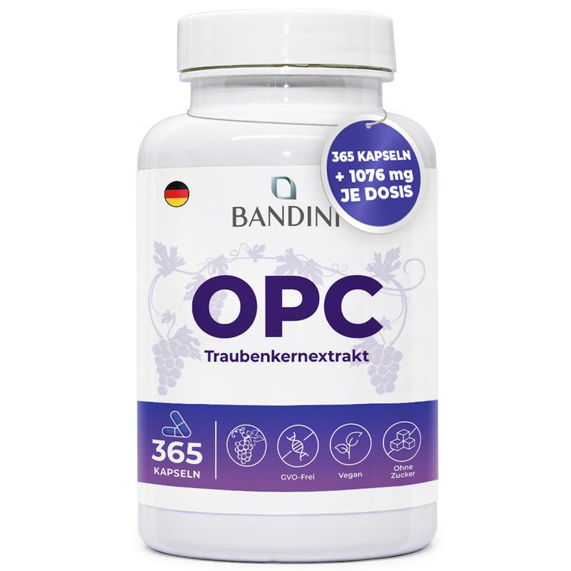 [Australia] - Bandini® grape seed extract 365 capsules 1076mg per dose | Highest OPC content according to HPLC | 95% pure grape seed extract from Italian grapes | 1052mg extract with 999.4mg OPC + 24mg vitamin C 