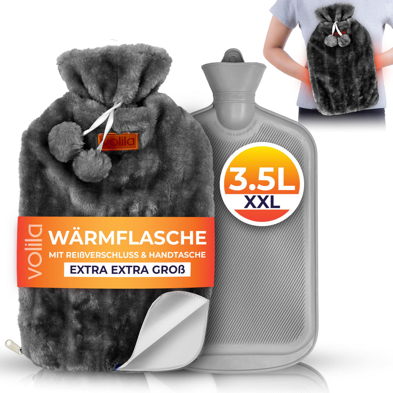 [Australia] - 3.5L Hot Water Bottle with Zipper and Handbag - Gray Hot Water Bottle XXL with Faux Fur Cover for Pain Relief - Washable Hot Water Bottle for Hot and Cold Compresses Gray Huggable - 3.5L 